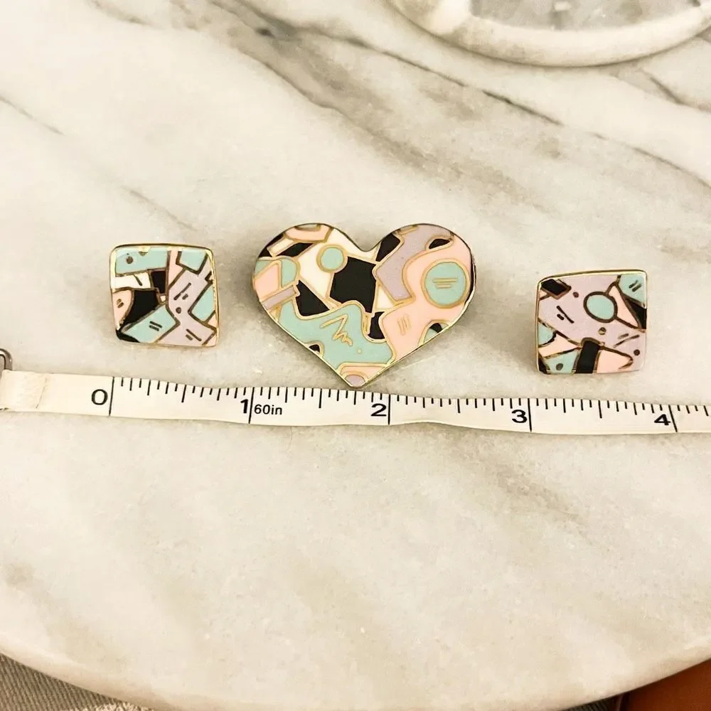 Vintage Cynthia Chuang Heart Brooch and Square‎ Earrings Set Ceramic Unsigned